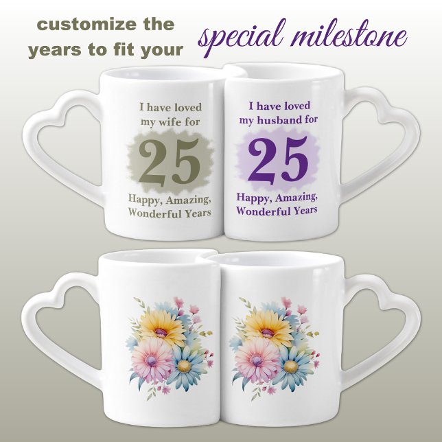 Husband Wife 25th anniversary floral purple green Coffee Mug Set (Creator Uploaded)