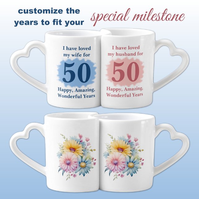 Husband Wife 50th anniversary floral blue pink Coffee Mug Set (Creator Uploaded)