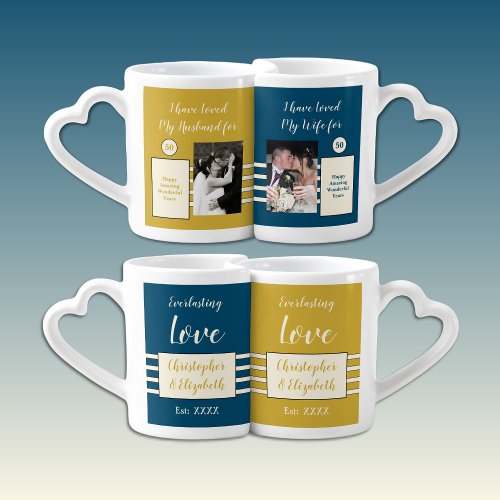 Husband Wife 50th wedding anniversary photos blue Coffee Mug Set