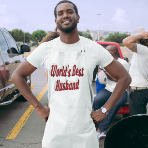 Husband with burgundy text long apron