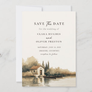 Hushed Dawn Lakeside Tuscan Countryside Wedding Save The Date
