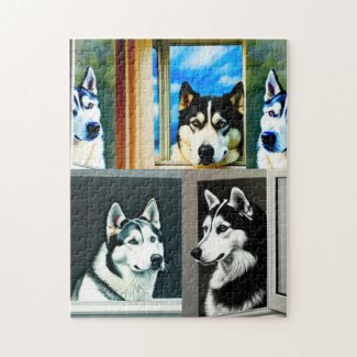 various dog peering out of the window puzzle art