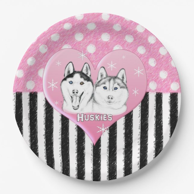 Huskies pink pattern paper plates (Front)