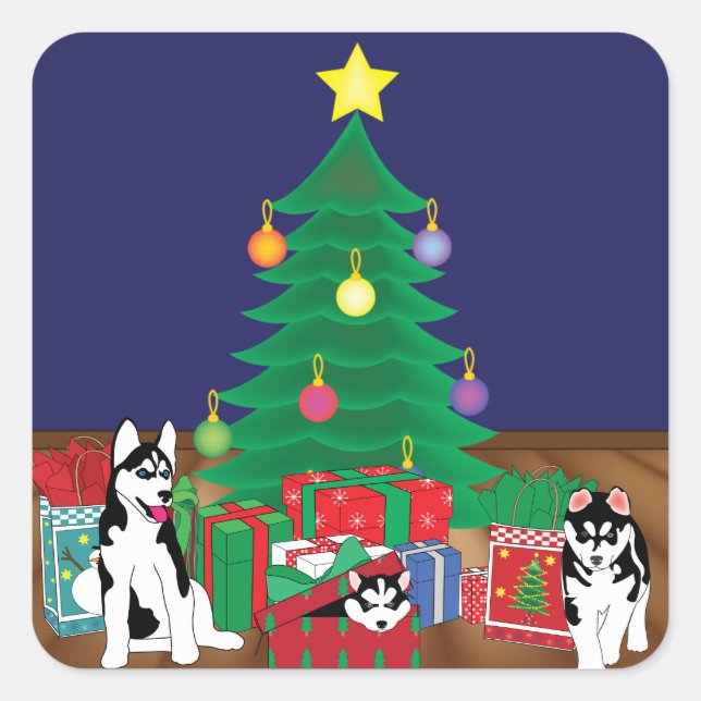 Huskies Playing Underneath the Christmas Tree Card Square Sticker (Front)