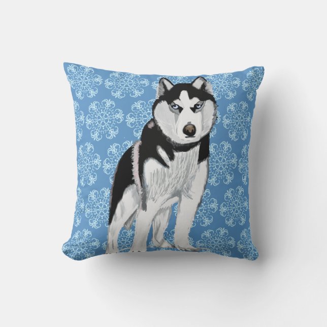 Husky against Snow Flakes Throw Pillow (Front)