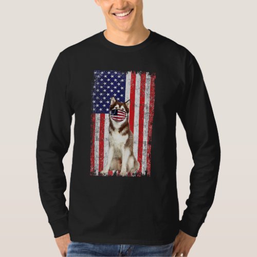 Husky American Flag Dog Wears Face Mask 4th Of Jul T_Shirt