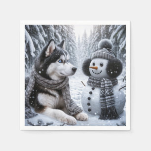 Husky and Snowman In Winter Woods Napkins