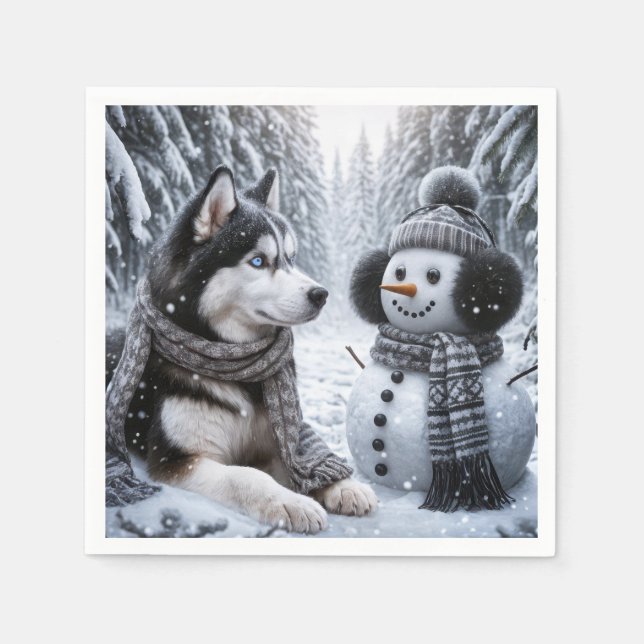 Husky and Snowman In Winter Woods Napkins (Front)