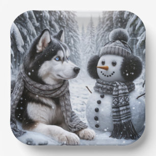Husky and Snowman In Winter Woods Paper Plates