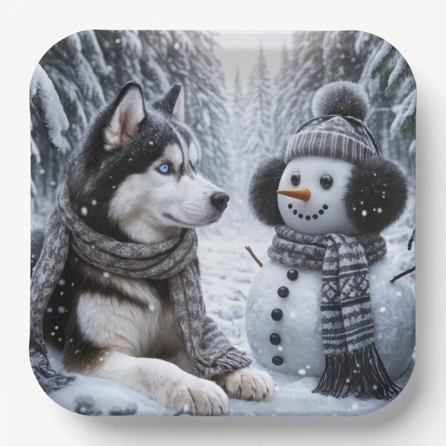 Husky and Snowman In Winter Woods Paper Plates (Front)