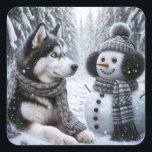 Husky and Snowman In Winter Woods Square Sticker<br><div class="desc">A husky wearing a scarf lies in the snow next to a snowman adorned with a wool hat,  earmuffs and scarf</div>