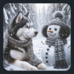 Husky and Snowman In Winter Woods Square Sticker<br><div class="desc">A husky wearing a scarf lies in the snow next to a snowman adorned with a wool hat,  earmuffs and scarf</div>