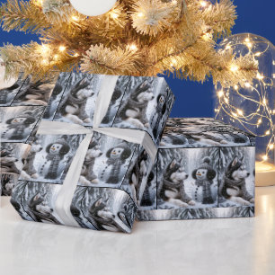 Husky and Snowman In Winter Woods Wrapping Paper