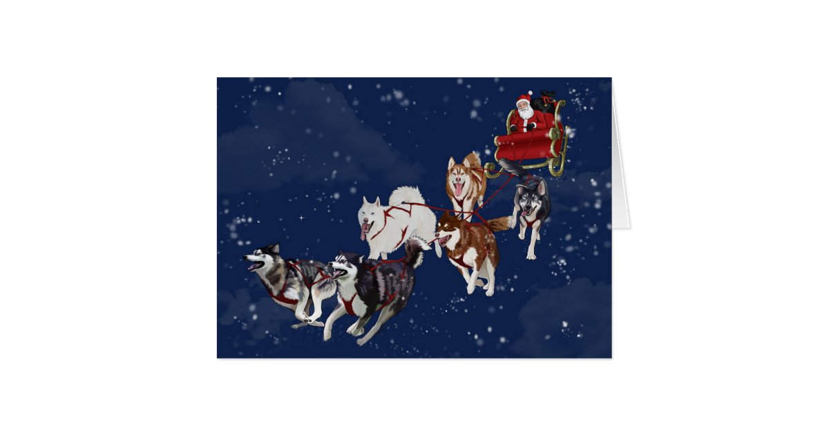 Husky Christmas Card Pulling Santa's Sleigh | Zazzle