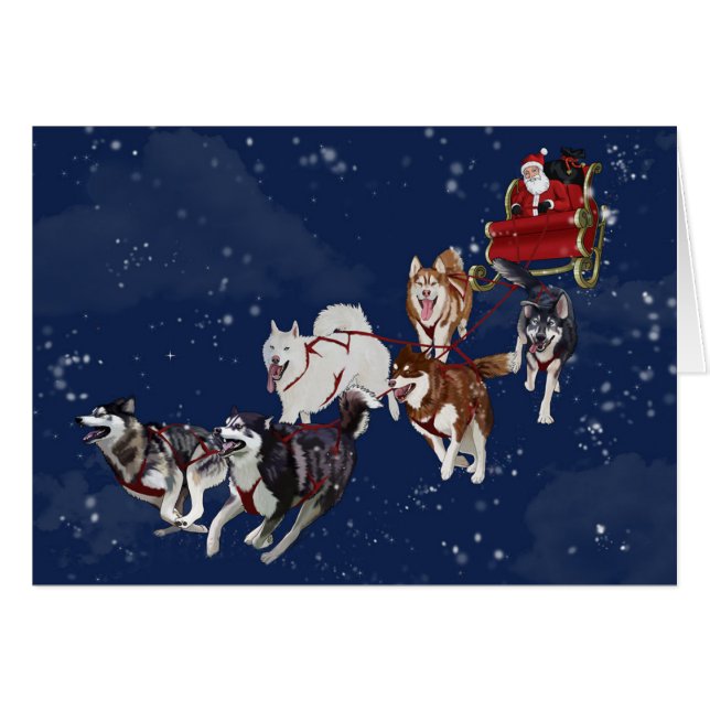 Husky Christmas Card Pulling Santa's Sleigh (Front Horizontal)