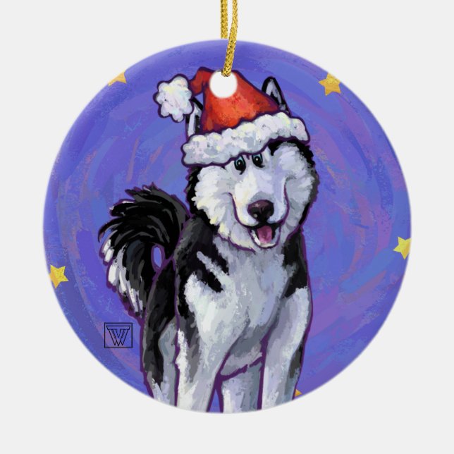 Husky Christmas Ceramic Ornament (Front)