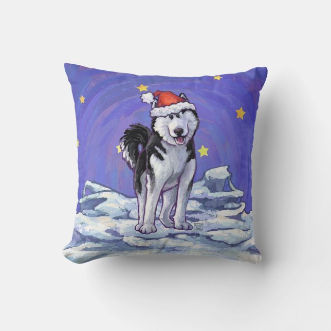 Husky Christmas Throw Pillow (Front)