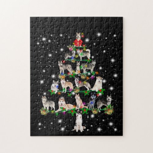 Husky Christmas Tree Covered By Flashlight Jigsaw Puzzle