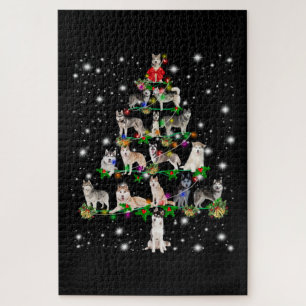Husky Christmas Tree Covered By Flashlight Jigsaw Puzzle