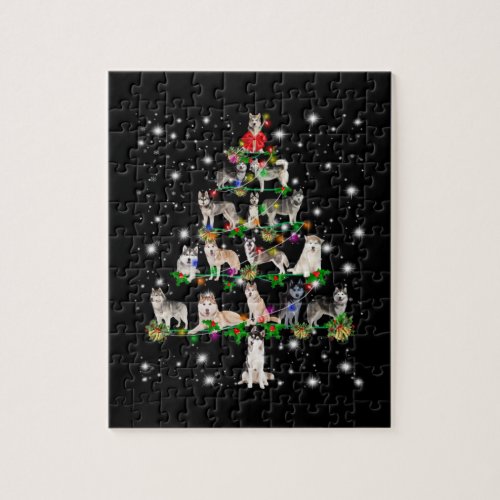 Husky Christmas Tree Covered By Flashlight Jigsaw Puzzle