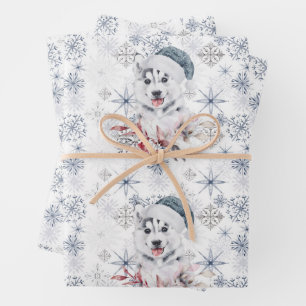 Husky Cute Blue Santa Hat Snowflakes Christmas Wrapping Paper Sheets