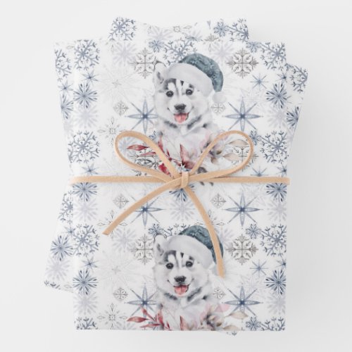 Husky Cute Blue Santa Hat Snowflakes Christmas  Wrapping Paper Sheets
