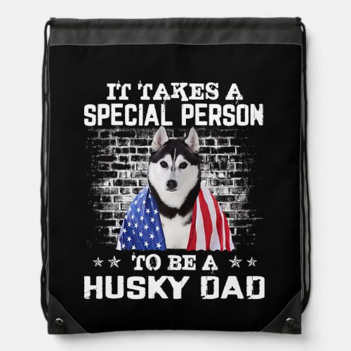 Husky Dad With Proud American Flag Dog Fathers Drawstring Bag