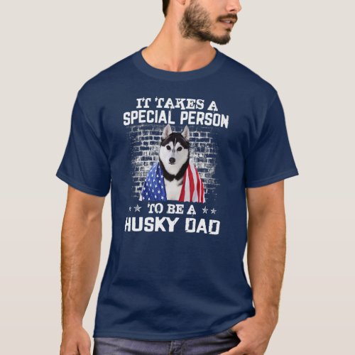 Husky Dad With Proud American Flag Dog Fathers T_Shirt