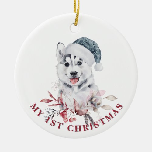 Husky dog 1st Christmas cute dog puppy winter Ceramic Ornament
