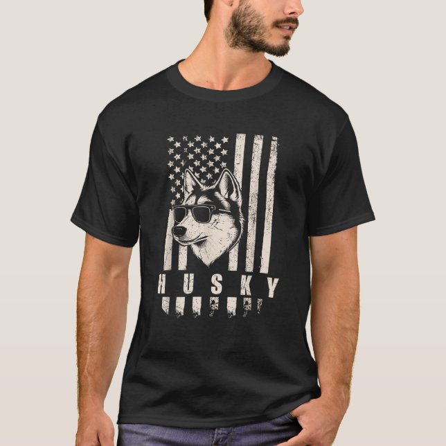 Husky Dog American Flag USA Patriotic Dog Lover Xm T-Shirt (Front)