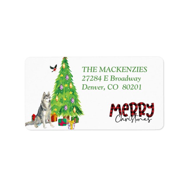 Husky Dog, Bird, Holiday Tree Return Address Label (Front)