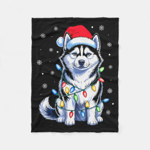 Husky Dog Christmas Lights Santa Hat Family Xmas P Fleece Blanket