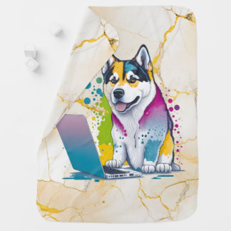 Husky Dog Computer Rainbow Watercolor Tech Savvy Baby Blanket