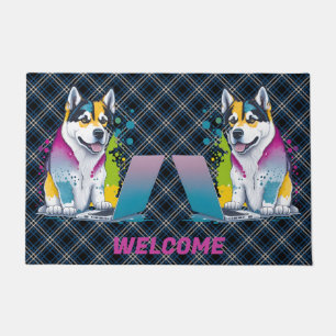 Husky Dog Computer Rainbow Watercolor Tech Savvy Doormat