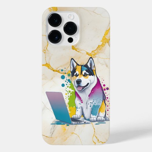 Husky Dog Computer Rainbow Watercolor Tech Savvy iPhone 14 Pro Max Case
