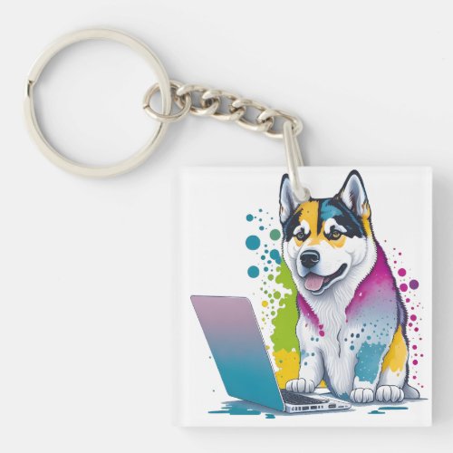 Husky Dog Computer Rainbow Watercolor Tech Savvy Keychain