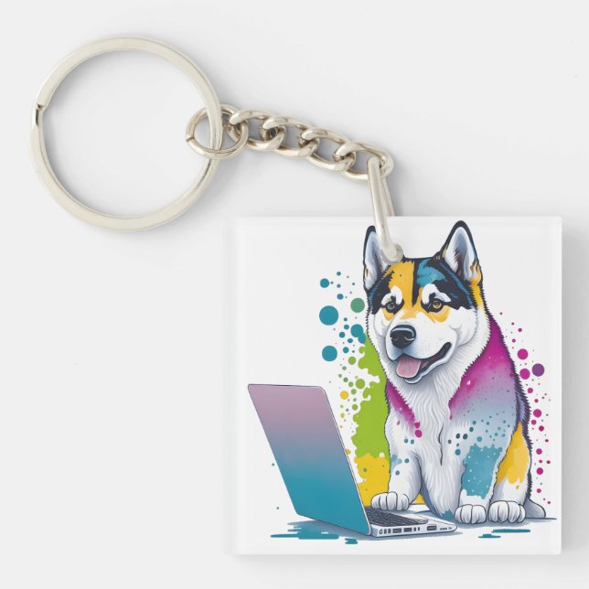 Husky Dog Computer Rainbow Watercolor Tech Savvy Keychain (Front)