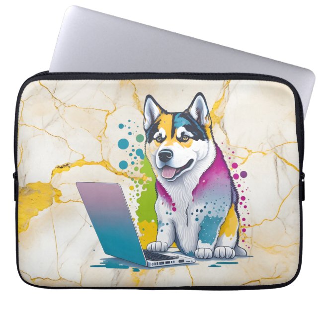 Husky Dog Computer Rainbow Watercolor Tech Savvy Laptop Sleeve (Front)