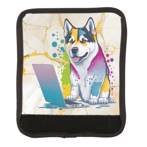 Husky Dog Computer Rainbow Watercolor Tech Savvy Luggage Handle Wrap