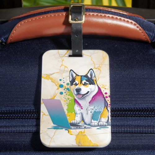 Husky Dog Computer Rainbow Watercolor Tech Savvy Luggage Tag