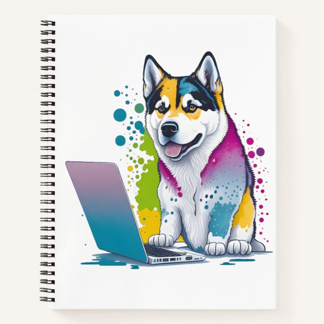 Husky Dog Computer Rainbow Watercolor Tech Savvy Notebook (Front)