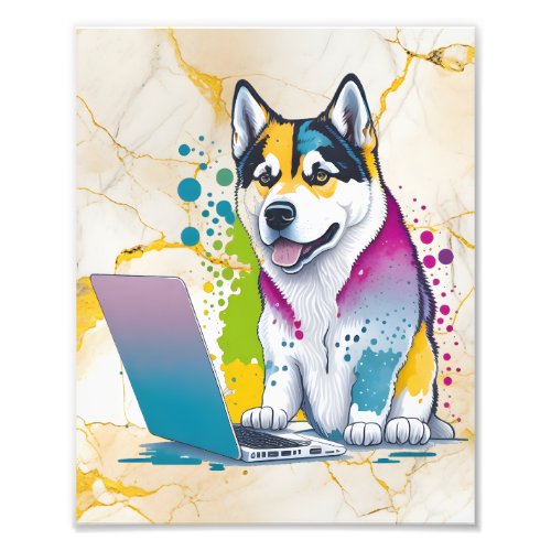 Husky Dog Computer Rainbow Watercolor Tech Savvy Photo Print
