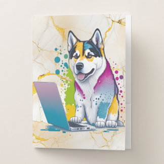 Husky Dog Computer Rainbow Watercolor Tech Savvy Pocket Folder