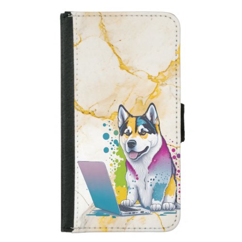 Husky Dog Computer Rainbow Watercolor Tech Savvy Samsung Galaxy S5 Wallet Case