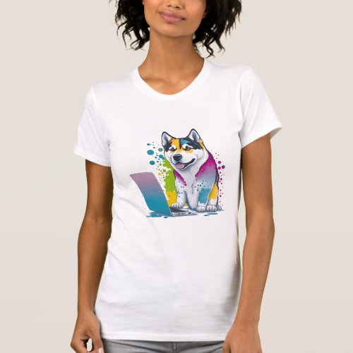 Husky Dog Computer Rainbow Watercolor Tech Savvy T_Shirt