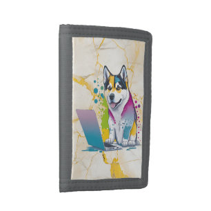 Husky Dog Computer Rainbow Watercolor Tech Savvy Trifold Wallet