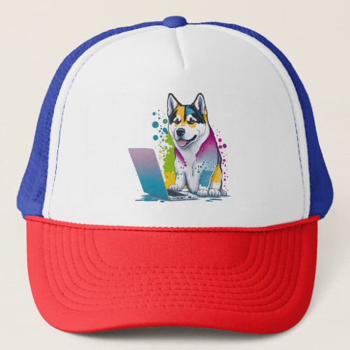 Husky Dog Computer Rainbow Watercolor Tech Savvy Trucker Hat