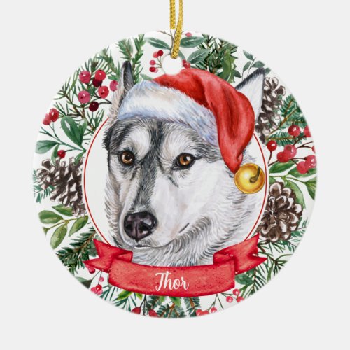 Husky Dog Custom Santa Hat Christmas Ornament