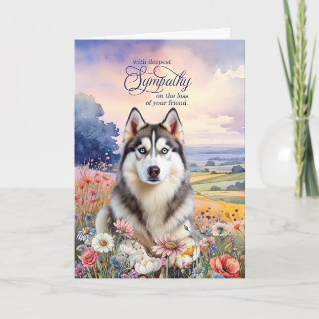Husky Dog Field of Wildflowers Pet Sympathy Card (Front)