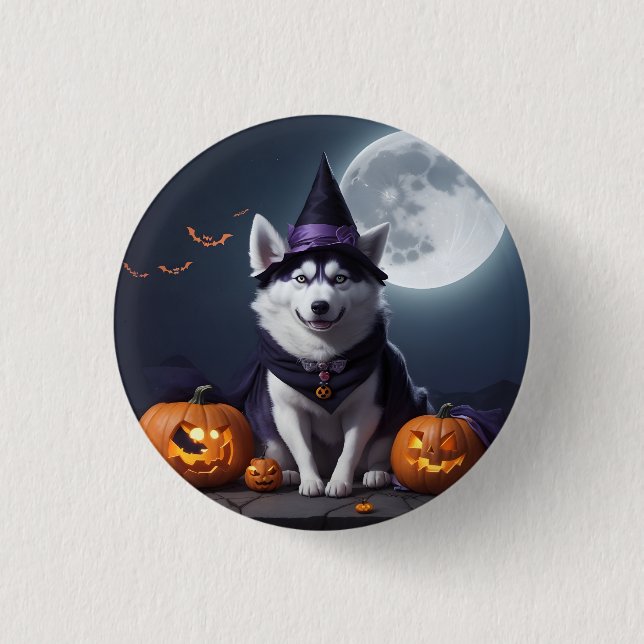 Husky Dog Halloween Adventure Moonlit Magic Spooky Button (Front)